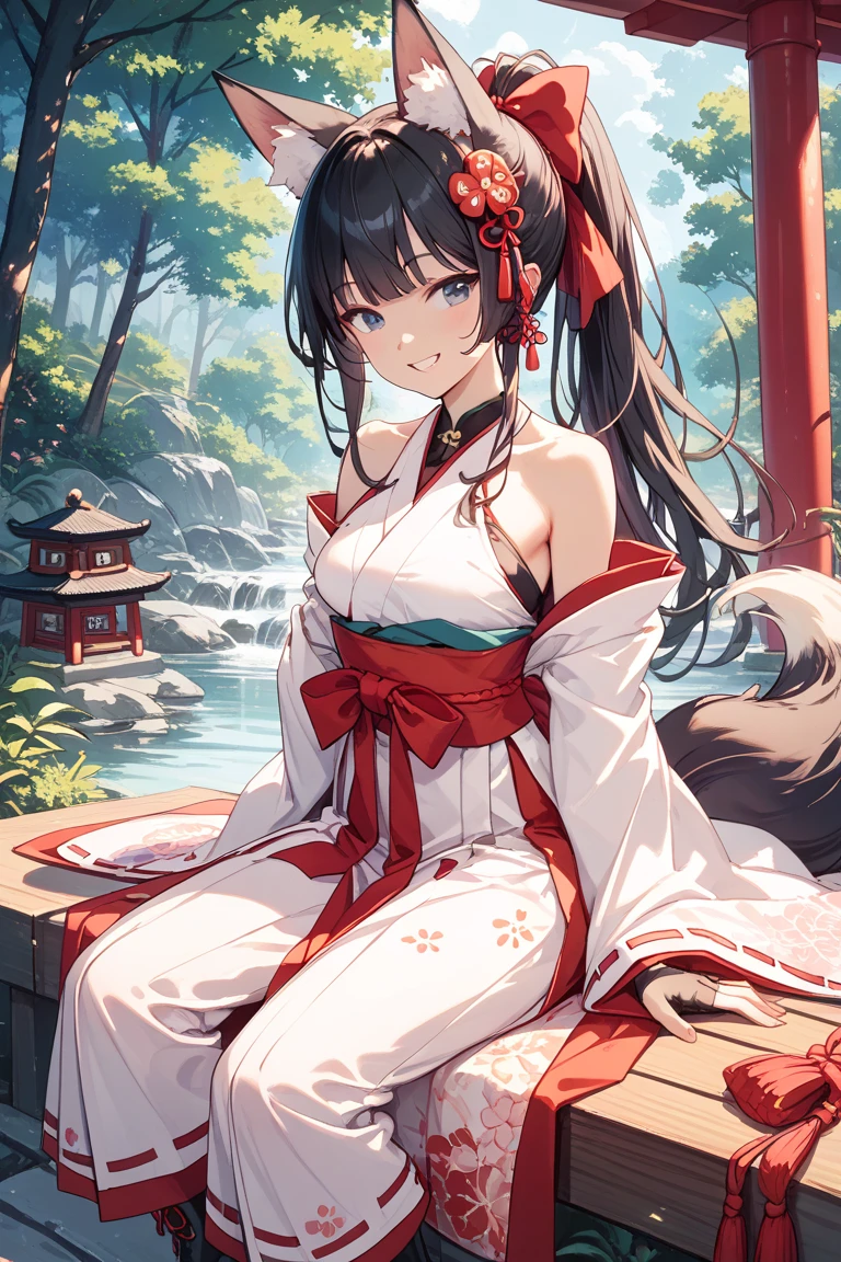 ((2D beautiful girl、top-quality、perfect finger 14、Perfect Anatomy 1.4、extremely delicate and beautiful illustration))、cute petit girl、(transform sequence)、Blur the background、((red shrine maiden leotard、white decoration))、14years、a junior high school student、Fractal Art、baby-face、((stright long hair))、beatiful detailed eyes、Show your teeth and give your best smile、Full Body Display、(two individuals)、blue open sky、majestic shrine、pretty headband、Fox ears、