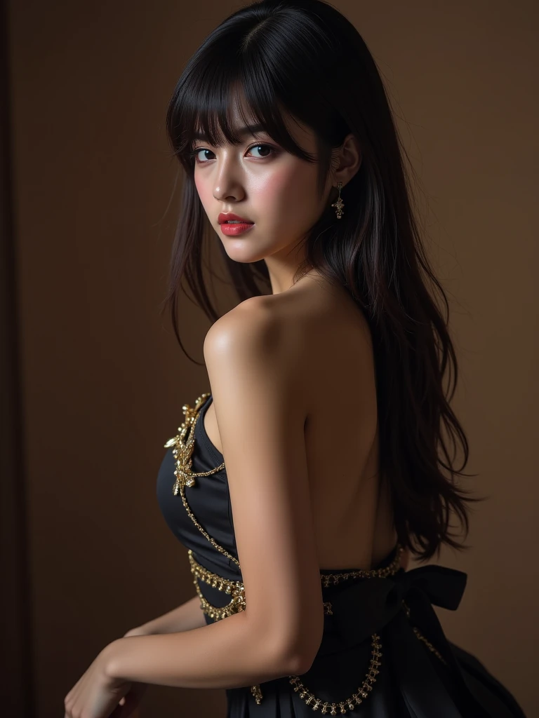 Realistic brunette girl with black eyes and beautiful clothes