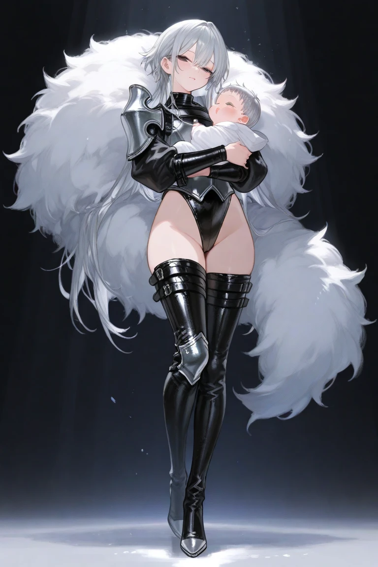 close up, Kneeling pose,The world of dreams, Imperial sister, gray and black bun,发髻与hair pin,hair pin,Long elven ears, Redlip, suspender tight long skirt, fur shawl, humanoid creature, Medieval port, Her skin is very white, White complexion, blue colored eyes, handheld water gun,messy gray-black hair, two longer legs,high-heels,black and white stockings,Two stocking leg tattoos of different colors,