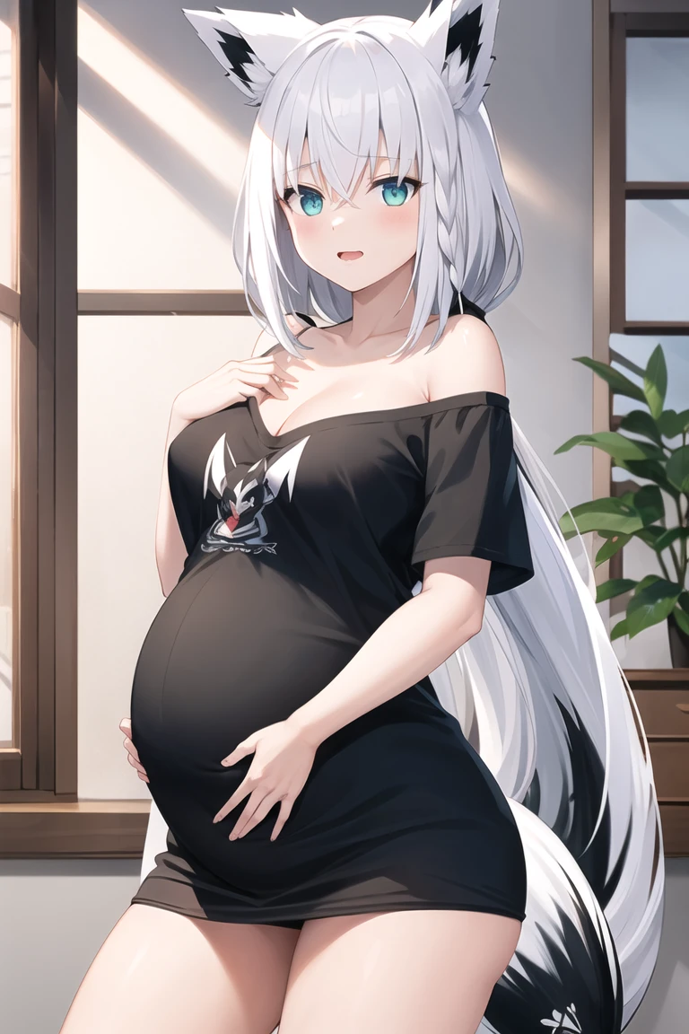 one girl, white hair, yellow color eye, elf, medium breast, long ponytail hairstyle, adventure theme, looking at the star, sitting in the grass, river, pregnant