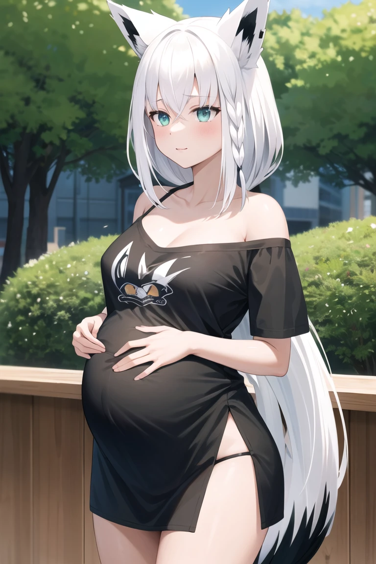 (tmasterpiece,best qualtiy),((1girll,(a matural female)long whitr hair),(Cat ears)),(arms behind the back,looking at viewert,Light smile,cropped shoulders,cowboy lens),(color difference),pregnant women with