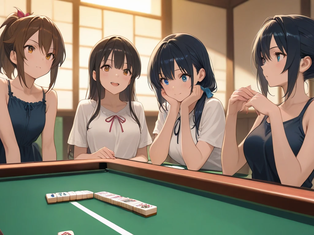 Sisters playing roulette in a casino、Long black hair、Light blue shirt dress、barefoot、classroom、Large amount of coins、Big win