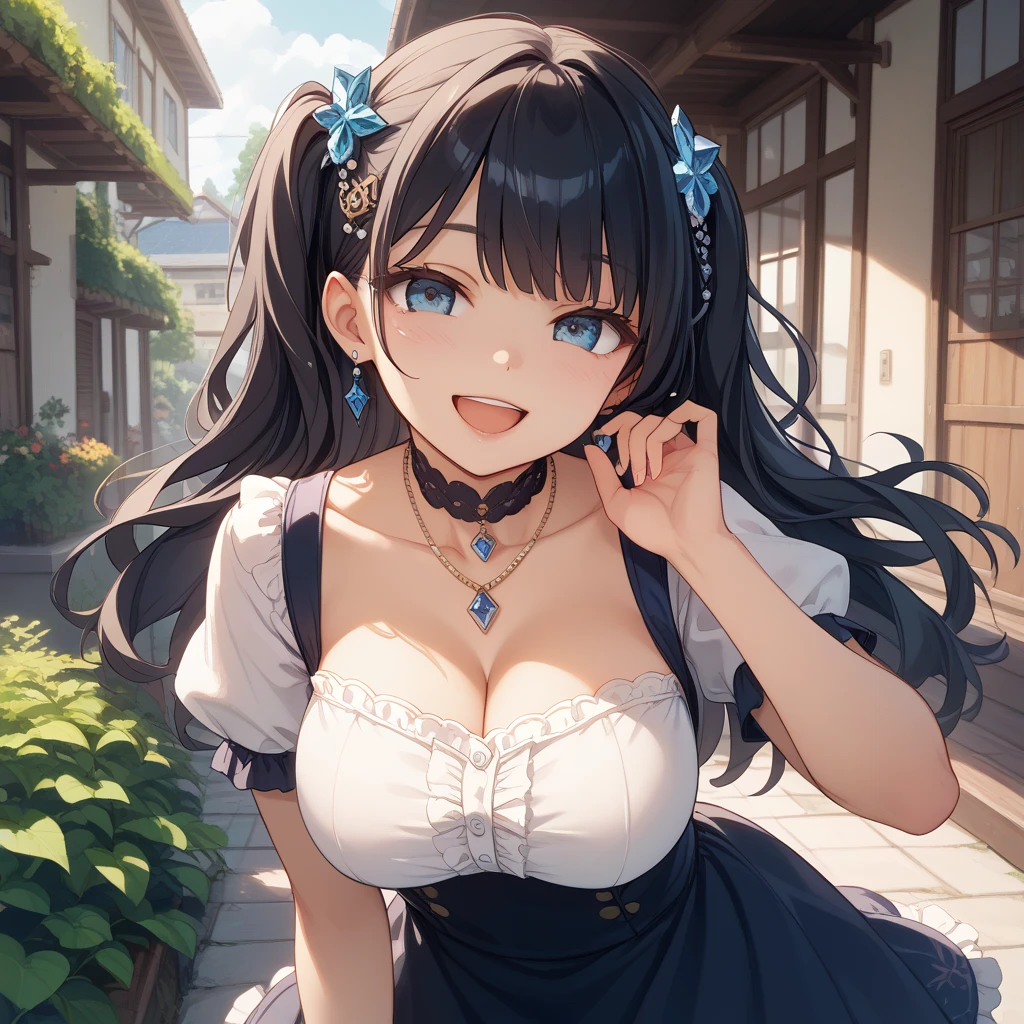 high quality，masterpiece。cute long black hair woman，Hairstyle is long straight。She stands upright with her face and body facing the viewer，true identity。her hands are empty，Both hands are not posed。she looks tall。Her breasts are huge and very big，Good style。She is smiling with a cute face that looks good with glasses，Both eye colors are brown。Her outfit is a pink vertically striped sweater，Sweater designed to emphasize the chest，white jacket，black skirt。she is standing，The place you are standing is outdoors.。
