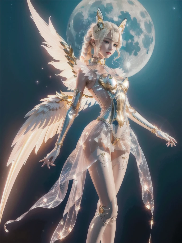 (best qualtiy,8K,32K,tmasterpiece,hyper HD:1.2),Official product graphic,high detal,Clear detail,Beautuful Women,Yellow hair,blue skirts,There are three feathers on the top of the head,Perfect light,Butterflies in the background
