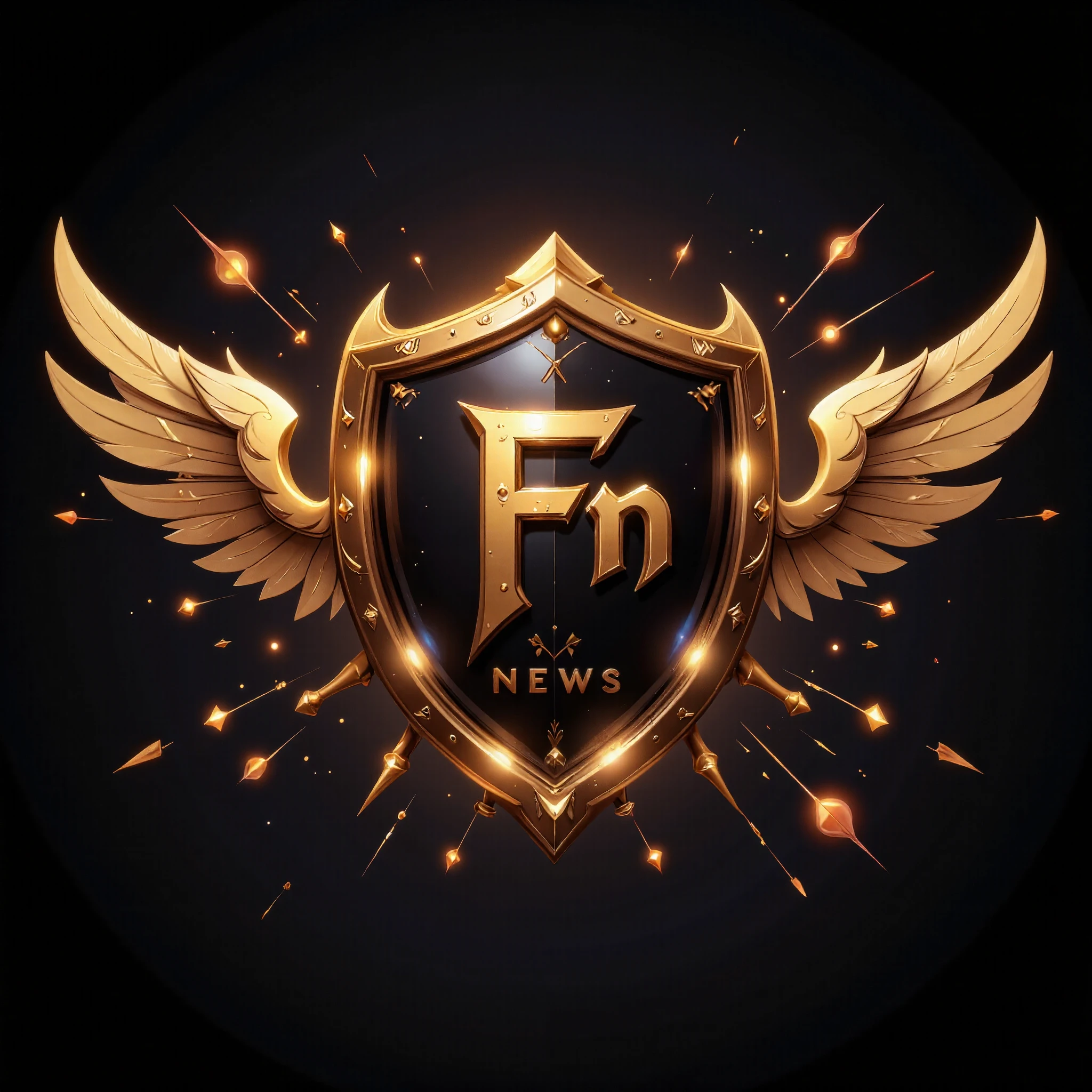 Diseño de logo profesional para canal de fortnite llamado "NewsFn " (not including the text of the channel).
Central Theme:
Inspired by the rank "Unreal" de fortnite (no Unreal Engine). The shield central must represent power and competitiveness, with stylized wings on each side of the shield to give a sense of movement and grandeur and excellent design.
Typography inside the shield:
Lyrics "Fn " in the middle y "News " Below, with a destructured but professional and clean typographic design, that looks modern and strong. The design must be integrated into the shield as if it were part of it.
Main colors:
Dorado perleado para los detalles del escudo y las Lyrics "Fn ", giving a brilliant effect.
Fondo Dark Gray texturizado o degradado suave para resaltar el logo dorado.
Additional details:
Add lines dynamics and subtle geometric textures around the shield and wings to give a sense of energy and movement, without overloading the image.
General Aesthetics :
Futuristic and competitive, siguiendo la atmósfera visual de fortnite. Clean design , symmetrical, with a high level of detail in the shield and wings.
composition:
The shield must be like the main focus, las alas extendidas hacia los costados y las Lyrics "Fn " integrated into the shield as the central attraction.
Preferred format:
high resolution jockstrap, Dark Gray , ideal for use on social networks or as a channel profile image.