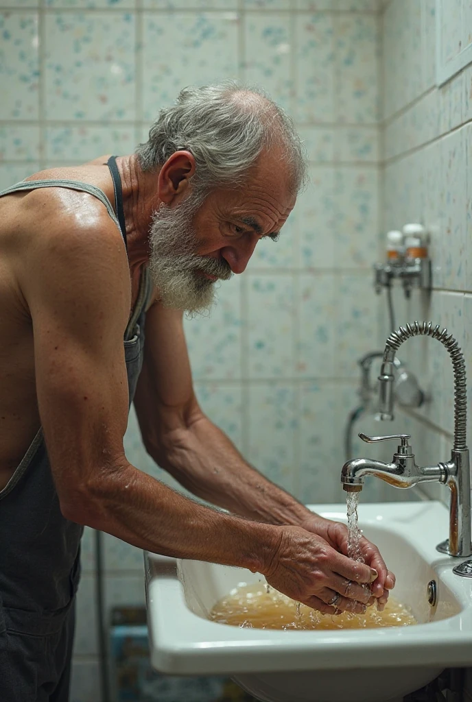 Create a 40-year-old man drying his sweaty, hairy armpits