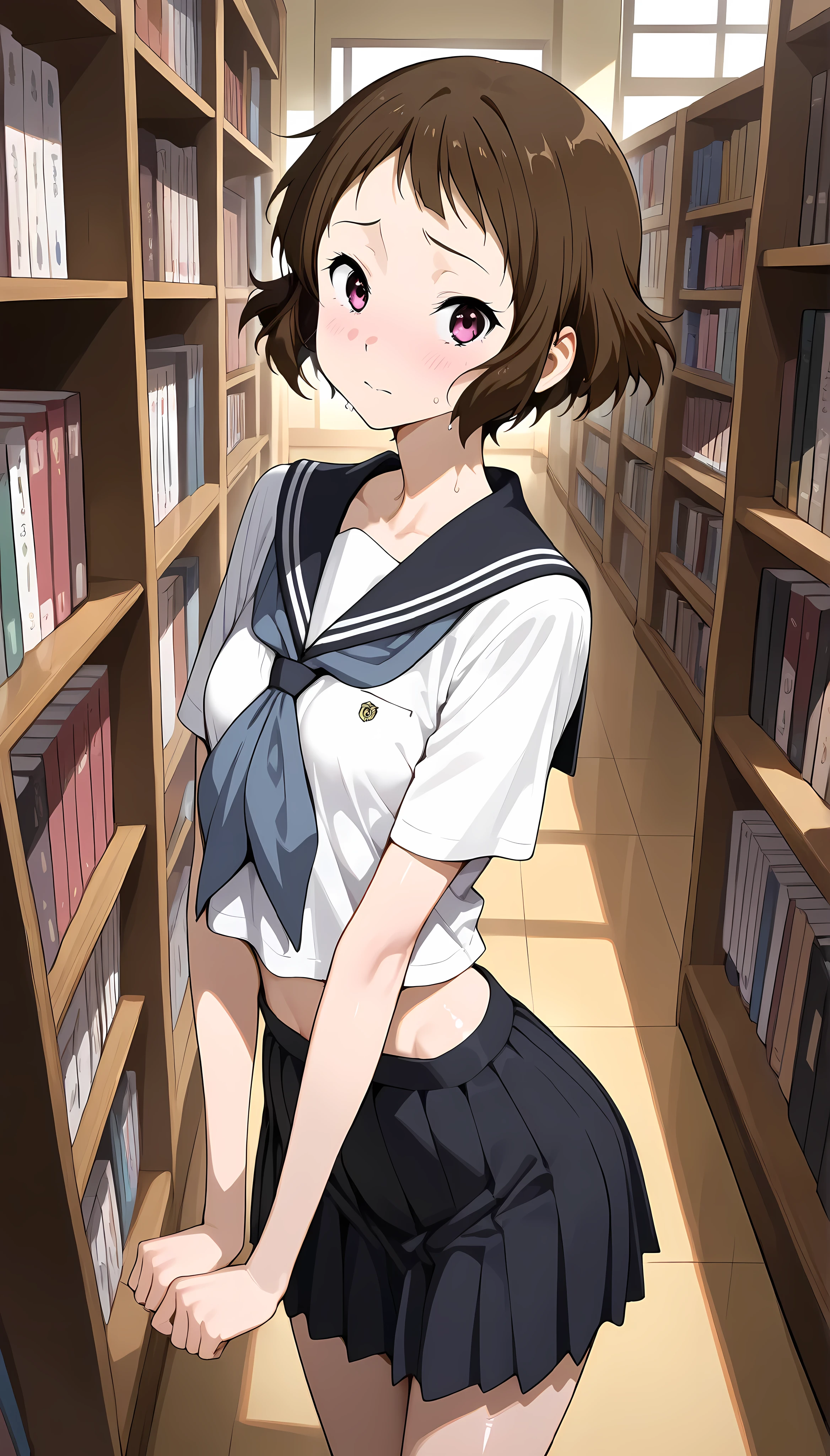 (masterpiece,best quality:1.2,amazing quality,very aesthetic,absurdres,newest), (ibara mayaka, hyouka),1woman,solo,(very small head:1.2),(ideal ratio body proportions:1.2,slender body:1.2,skinny:1.2),small breasts,shy,heavy sweat, kamiyama high school uniform, serafuku,short sleeves, blue neckerchief,pleated miniskirt,shiny skin,standing, library,school,