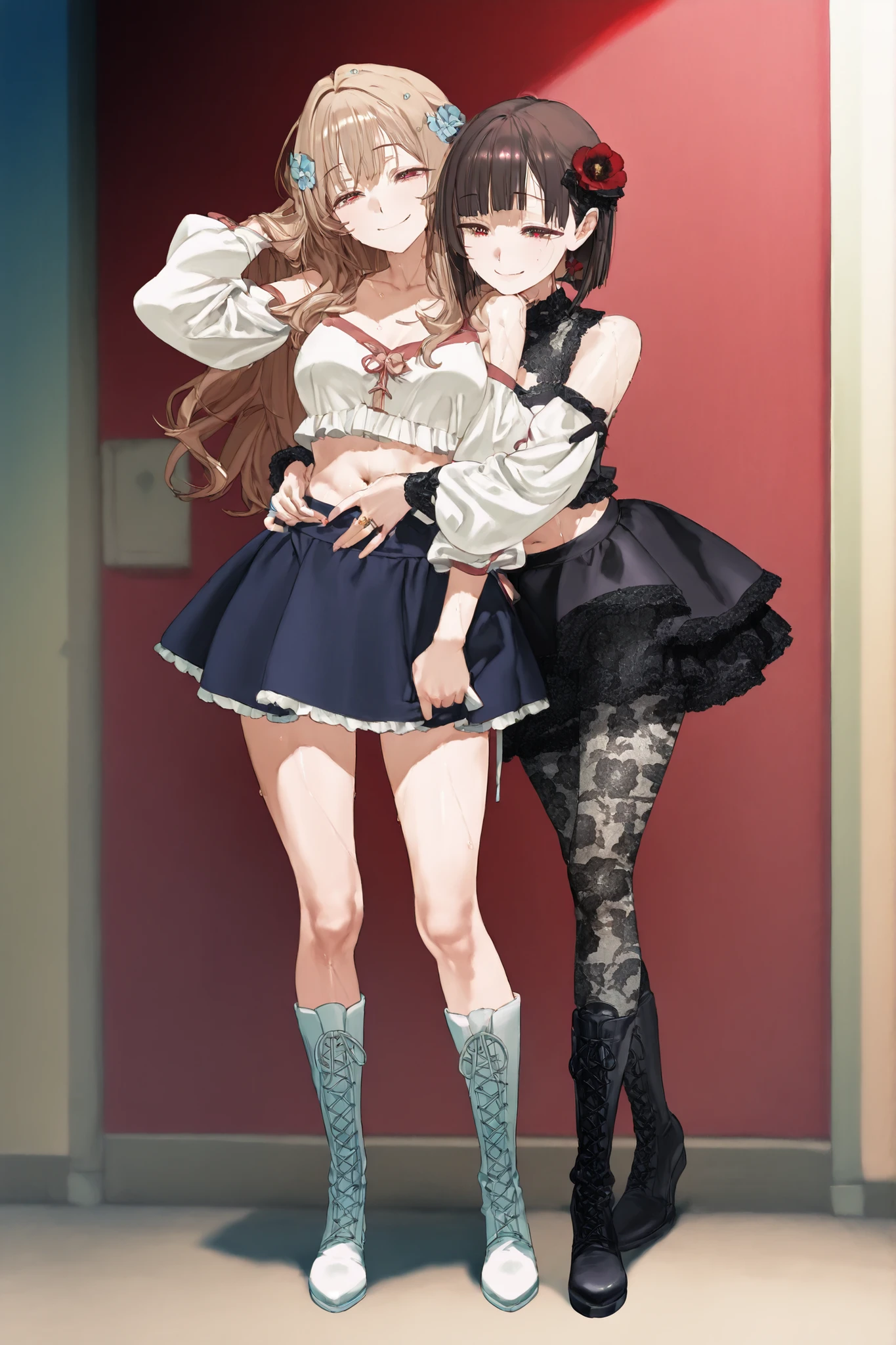 gently looking forward with big eyes、2 girls、princess hugging、2 are pro wrestlers、One person「gothic loli-style pro wrestler、Mika's illustration。She has a lively and cool aura、Hime cut black long hair(bangs、Her hair is long and flows down her shoulder、red and black flower on hair)、Her skin is fair and slender。post-pro wrestling match scene(ruffled tank top with red lace、black mesh on chest、 black ruffle skirt、red and black lace up boots)。accentuating the details and texture of the skin、long sleeve arm covers with black mesh on arms。confident smile、I want you to generate an image illustration。 with one hand on the waist、pose where the other hand pulls up hair。 The background is simple white 、 characters stand out in soft colors 。soft anime-style line art、The vivid contrast of black and red、I want you to generate an image illustration、mature、Slender Beauty、model body type、Belly button、」With a girl、もうOne person「idol style pro wrestler、adult female、The name is an illustration of Lina, model girl。depressed, restless atmosphere 、short bob brown hair( Light brown、soft curls、small pastel pink and blue flower hair ornament on the left side)、fair skin and slender figure。white and pastel idol style wrestler costume ruffles(white tank top decorated with pastel pink and blue floral patterns、cross design string、frill miniskirt、white lace up tights with thigh tips、white boots)。HALF CLOSED EYES、A faint smile、 The background is a simple white 、 character stands out in soft colors 。soft anime-style line drawing、in bright pastel colors、highlight the frills and lace details、feeling sweaty、model standing」、Background is ring