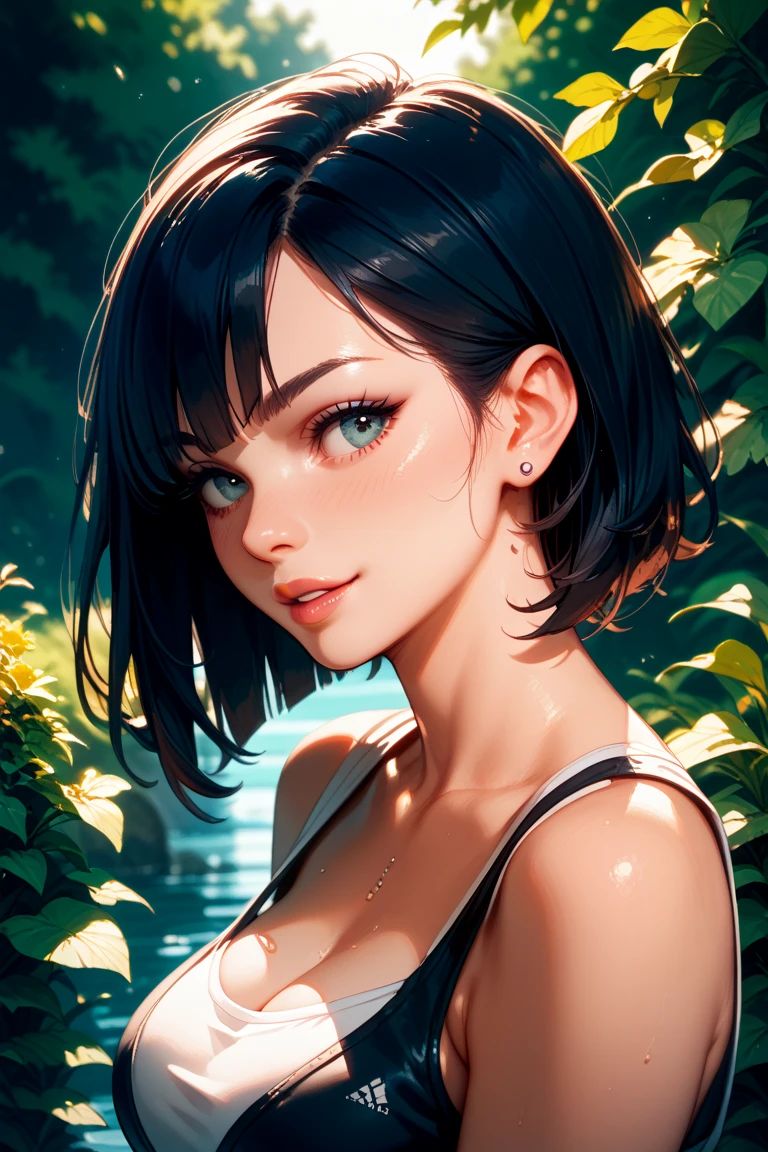 from_above, crop top, detailed face, yellow bodycon tank top, hair, park, sky, trees, pale skin, moonlight, stars, 1girl, statement sunglasses, woman,petite, vivid colors, bokeh background, subject for emphasis,dramatic colors,, dark, rim lighting, two tone lighting, dimly lit, low key, ,<lora:epi_noiseoffset2:1>