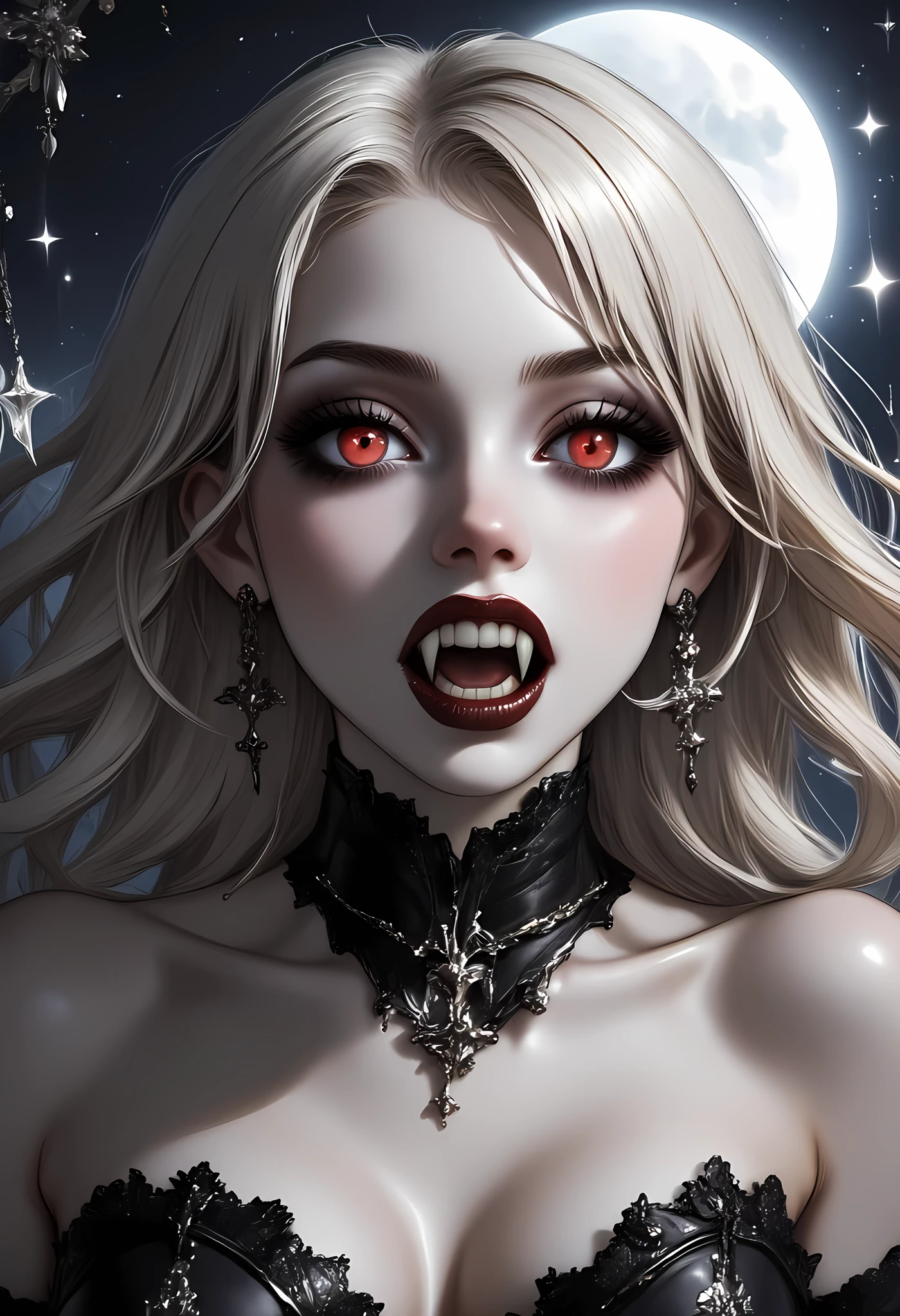a full body picture of an epic beautiful female vampire, ghostly beauty, wearing transluminescent dress, black silk dress, intricate dress, transluminescent dress, transparent dress, red sleeves, epic beautiful female vampire, pale skin perfect body, ghostly beauty, serene beauty, blond hair, lush hair, long hair, red glowing eyes, vampire fangs, stars entwined in the woman's hair, light caress the woman, moon light caress the dress, fantasy art, night time, the moon rises, creating award winning, photorealism, depth of field, hyper realistic, zavy-ctcmcs, Celestial Fantasy, dnddarkestfantasy, Art Deco, Dracula, gothic