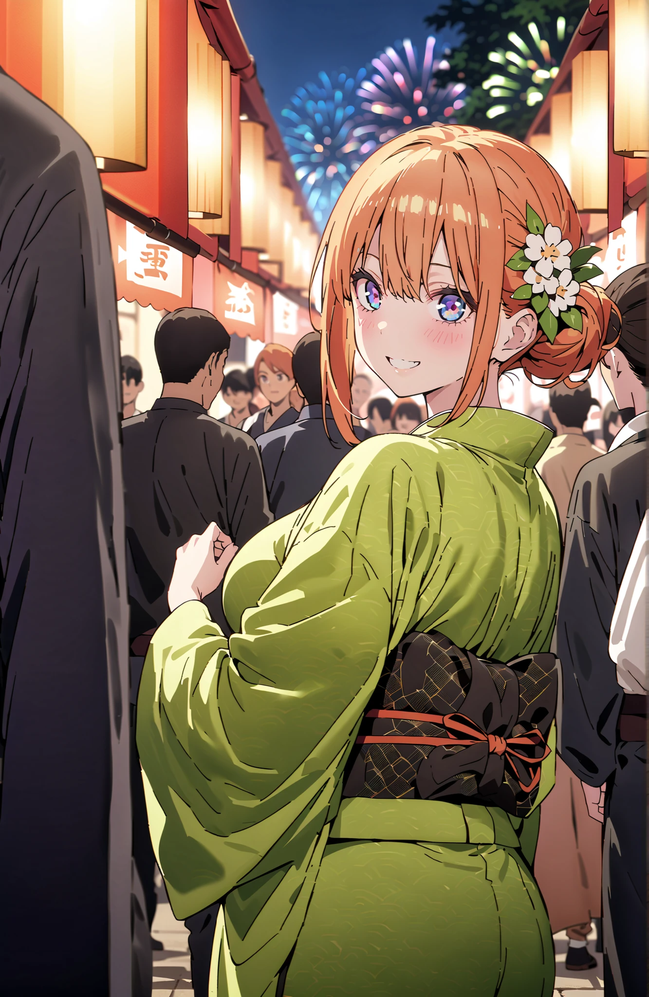 score_9, score_8_up, score_7_up, source_anime,中野四葉, bungs, solo,blue eyes, o, orange hair that gets down to the knee, Eyebrows hidden by hair, Side Lock,single bun hair,flower hair ornament,Nape,Big Breasts,Green floral kimono,Light up fireworks,turns around,smile,cover,grinning,standing,Japanese festival stall night,Red Lantern,crowd,full bodyがイラストに入るように,break outdoors, Japanese Festival,
break looking at viewer,full body,
break (masterpiece:1.2), BEST QUALITY, high resolution, Unity 8Kの壁紙, ( illustration :0.8), (beautiful detailed eyes:1.6), very detailed face, PERFECT LIGHTING, highly detailed CG, (perfect hand, Perfect Anatomy),