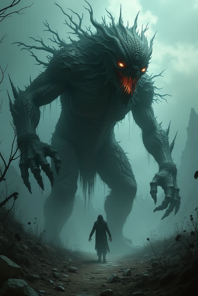 5 meter tall demon Left eye pupils half red and yellow Right eye pupils half blue and green Vision of pure terror 