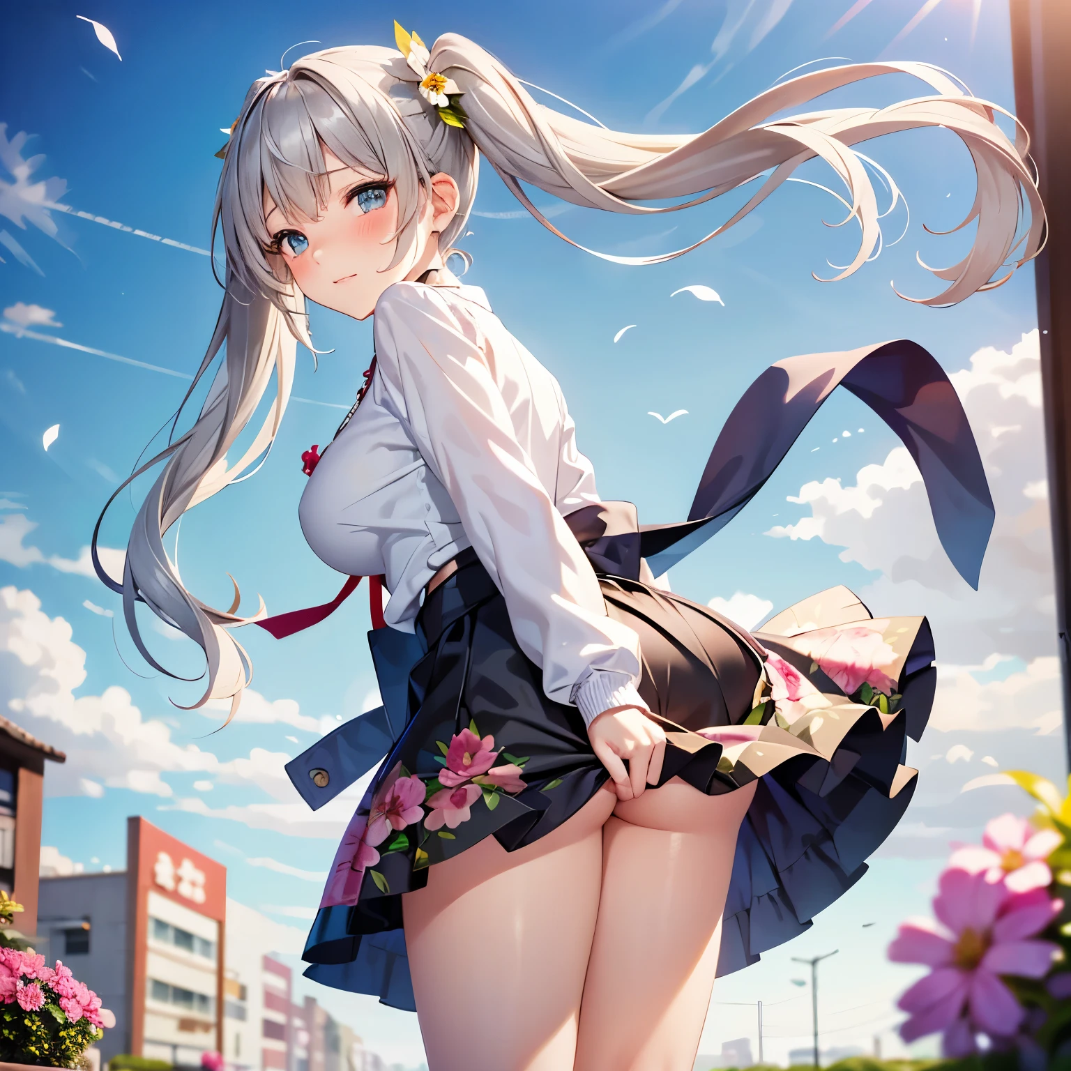 Masterpiece, Best Quality, Official Art, (Highly Detailed CG Unity 8k wallpaper), Detailed background, (Hands by Guido Daniele: 1.1), Feet out of frame, First Person POV, 1, Attractive and perfect beautiful woman, Schoolgirl, JK, schoolgirl uniform, spring, cherry, wind blowing, (((Show ass, butt sticks out, flipping skirt, panties visible, gaze from oblique down))), sitting, legs open, optimal ratio of four fingers to one thumb, (curvaceous), ( white thighs: 1.12), (blue long hair: 1.12), (ahoge: 1.13), (high ponytail: 1.12), (green eyes: 1.13), looking at the viewer, big, (cleavage), beautiful face, (blush: 1.11), (smile: 1.11)
