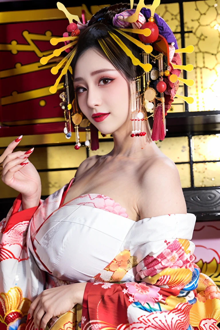 ((Highest quality)), ((masterpiece)), (detailed), Mature Woman, Blowjob, Japanese, kimono, Oiran, Beauty, Deep Throat,1girl,2boys