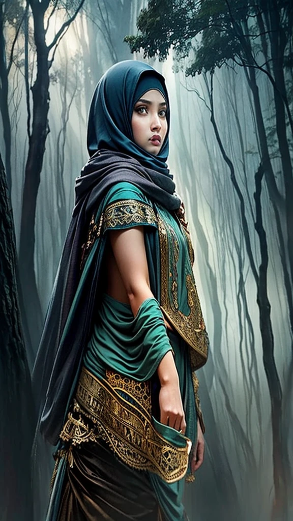 forest, bellydancer, massive breasts, mongolian, (((hijabi))), cleavage, reflection light, chiaroscuro, depth of field, cinematic lighting, ray tracing, Sony FE GM, UHD, super detail, masterpiece, textured skin, high details, best quality, award winning,3D,hdr(HighDynamicRange),Ray traching,NVIDIA RTX,Hyper-Resolution,Unreal 5,Subsurface scattering、PBR Texture、post-proces、Anisotropy Filtering、depth of fields、maximum definition and sharpness、Many-Layer Textures、Albedo e mapas Speculares、Surface coloring、Accurate simulation octane rendering of light-material interactions、Two-colored light、largeaperture、Low ISO、White balance、the rule of thirds、8K raw data