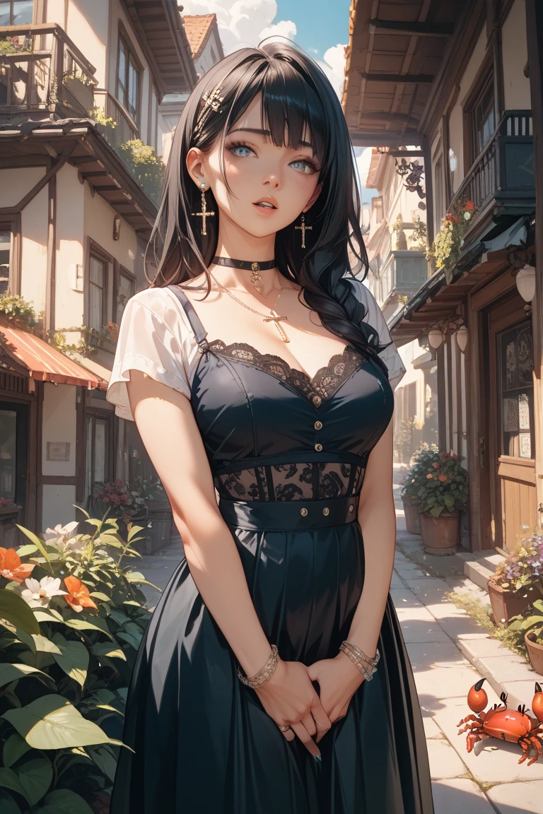 (((8k wallpaper of extremely detailed CG unit:1.2, masterpiece, hight resolution:1.2, top-quality:1.2, masutepiece))), ((a very beautiful woman, Camisole, Wearing a blouson, Wearing shoes, Hands in pockets:1.8)), ((extra detailed face, Highly detailed black eyes, extra detailed body, Top quality real texture skins)), (A dark-haired, The long-haired, de pele branca, Small:1.2, Exposed cleavage:1.2), ((Walled:1.2, Alley without people)), (high-angle:1.2, a closeup, Fisheye:1.4), hyper realisitic, digitial painting,