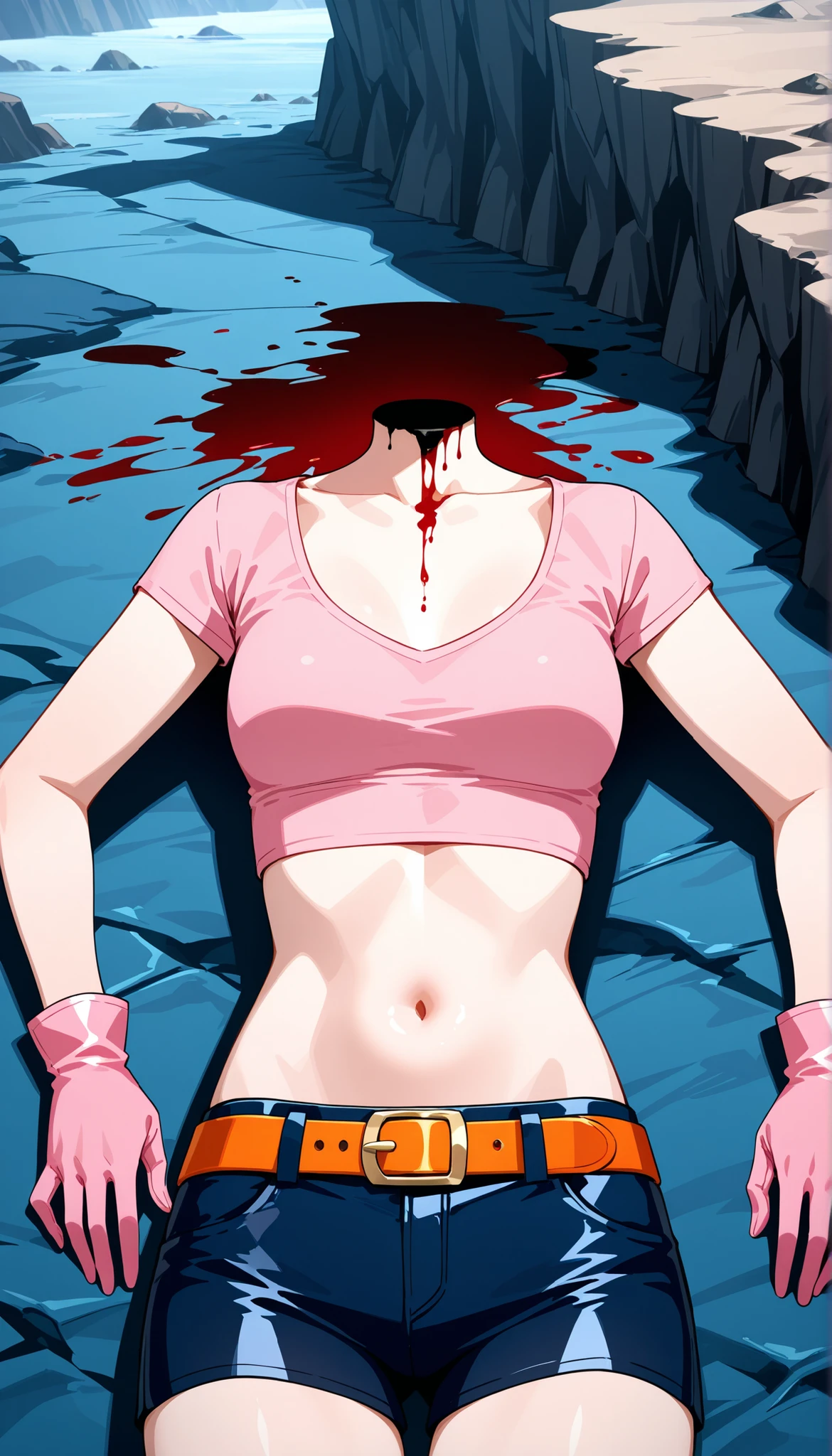 Half body view of adult woman, headless and bleeding, medium chest, pink crop top, short sleeves and scoop neck, midriff, expose navel, dark blue leather shorts, orange buckle belt, pink gloves, lying down, cliff land background, front view