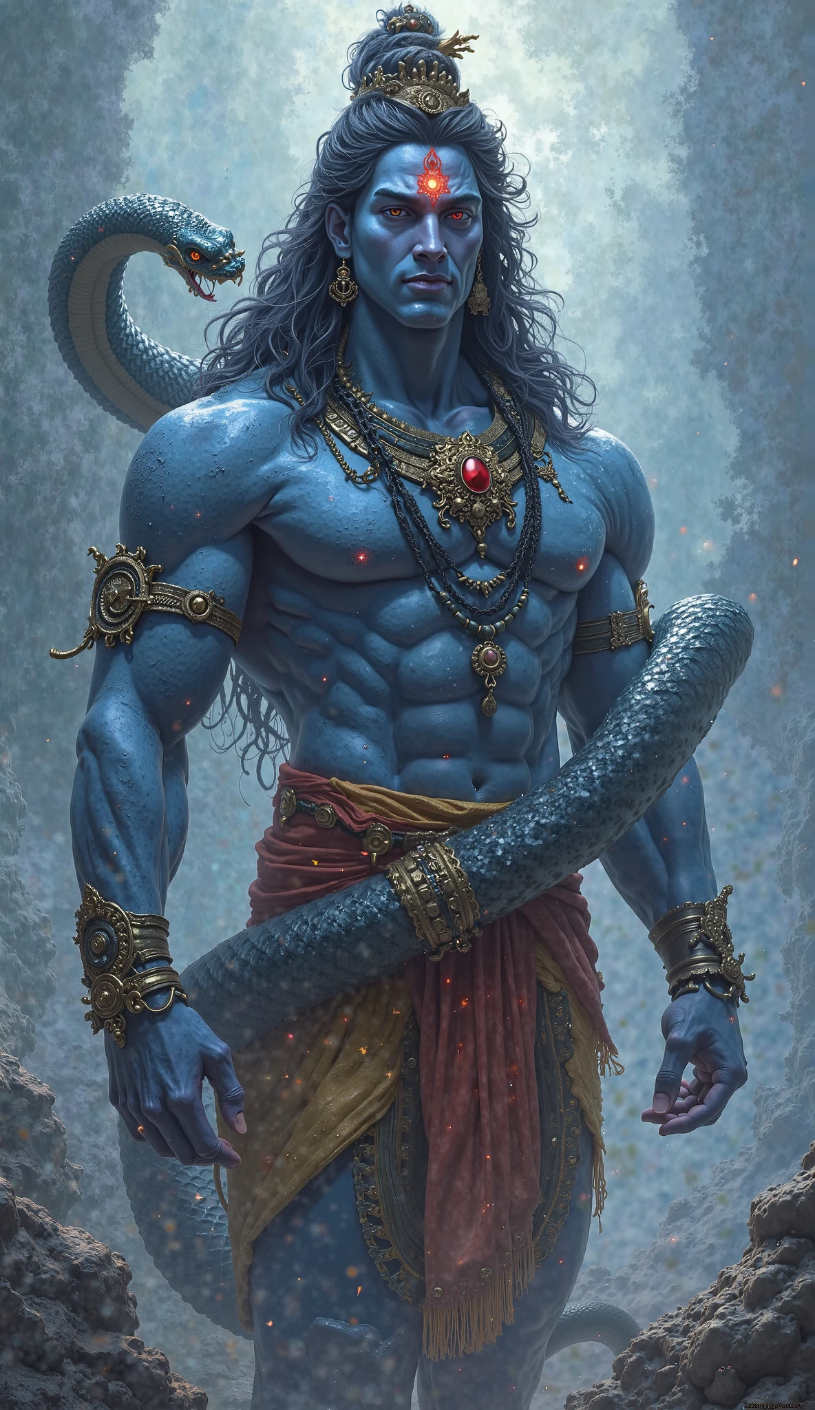 Generate a stunning, high-definition 3D depiction of Lord Shiva, the powerful Hindu deity, in an intense and dynamic pose. His skin tone should be a dark blue hue, radiating with divine energy. Adorned with a majestic serpent around his neck and the crescent moon atop his head, he brandishes an electric trident, ready for battle. His expression is one of fierce determination and righteous anger, with detailed facial features conveying his divine presence. Lord Shiva's muscular physique is emphasized, draped in leopard skin garments that cover his lower body to just above his knees. Bring forth the essence of divine wrath and strength in this awe-inspiring portrayal of Lord Shiva. He has snakes around him