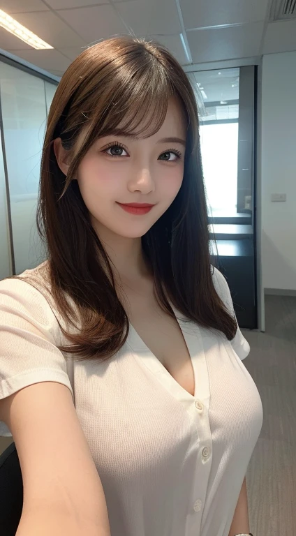 Tabletop, Highest quality, figure, Very detailed, In detail, High resolution, Beautiful girl、Laughter、((erection of nipple)), Sheer top shirt、Casual business suit、Large Breasts、The chest was wide open、Office Background