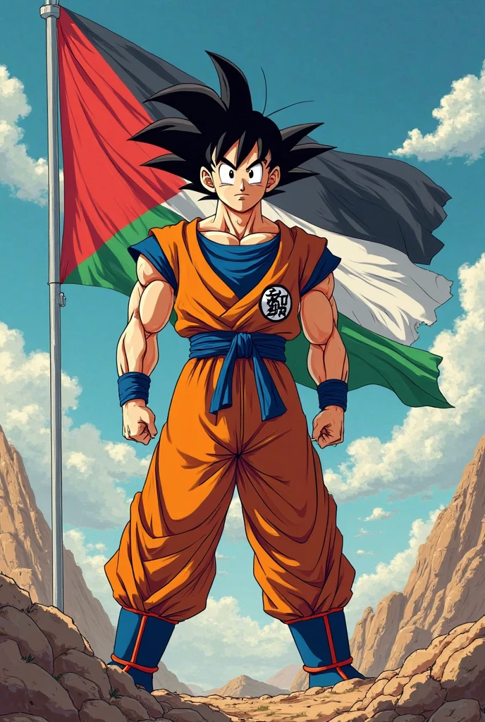 Create a high quality image named of "Goku" holding his hand "Palestine and Pakistan Flags" in Israel War's