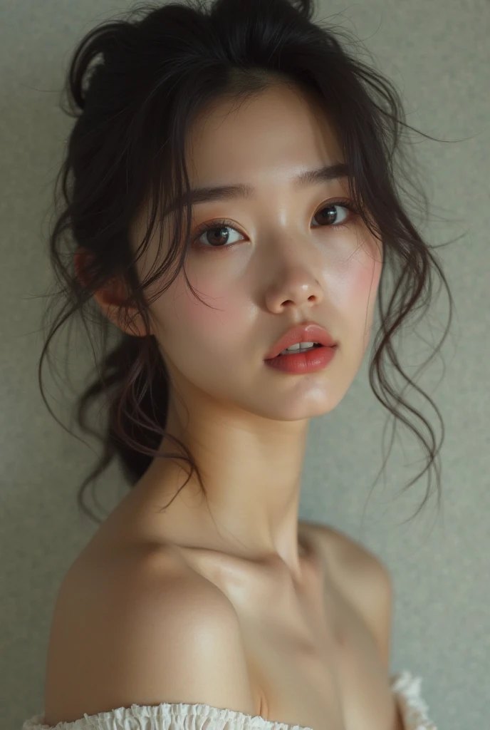 A close up of korean girl wearing white and wet t-shirt her nipples is wisibel