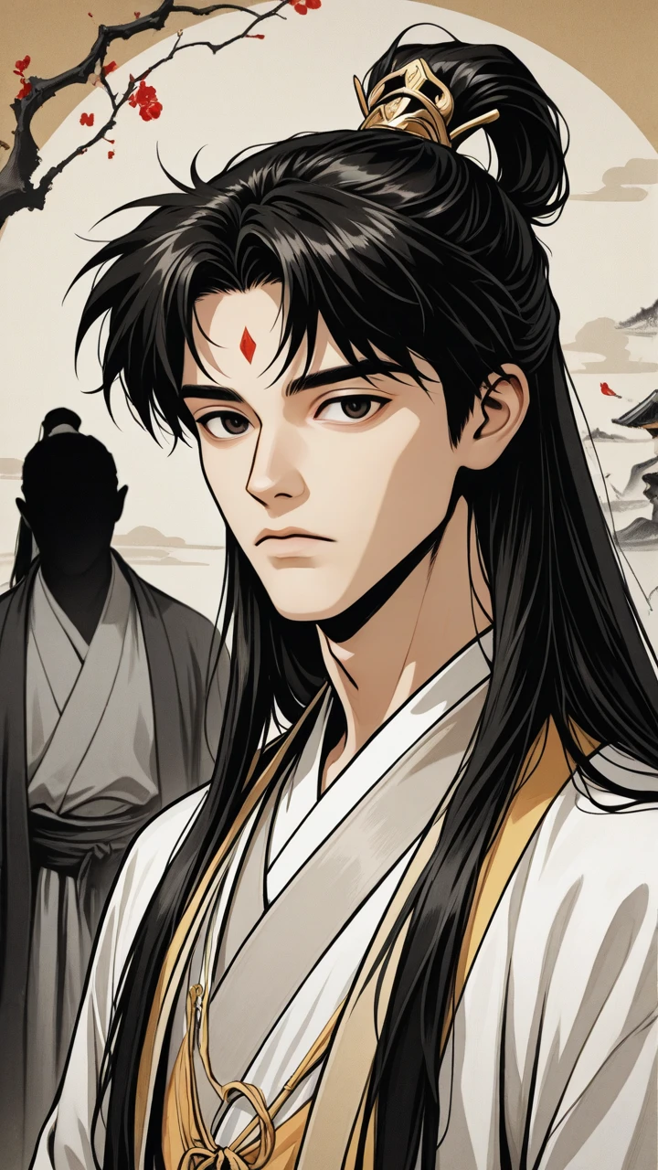 yuwentuo, a handsome male, long hair and bun, red and blue different colors eyes, full body