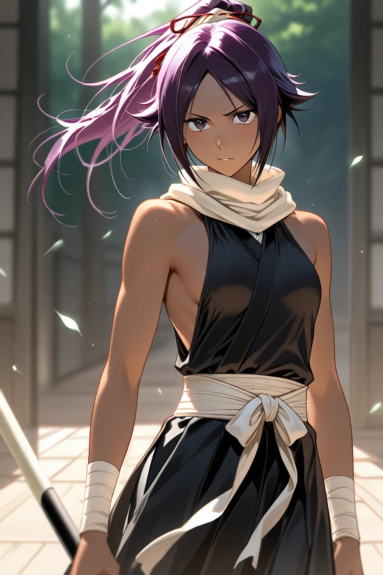( anime screencap:1.1),outdoors, 1girl, solo, black hair, sideboob,standing, short hair with long locks, hip vent, short hair, small breasts, (brown eyes:1.1),black hakama, no bra, gloves, hakama skirt,low twin braids,sash,cowboy shot, facing viewer, looking at viewer, smirk,from below, hands on hips,