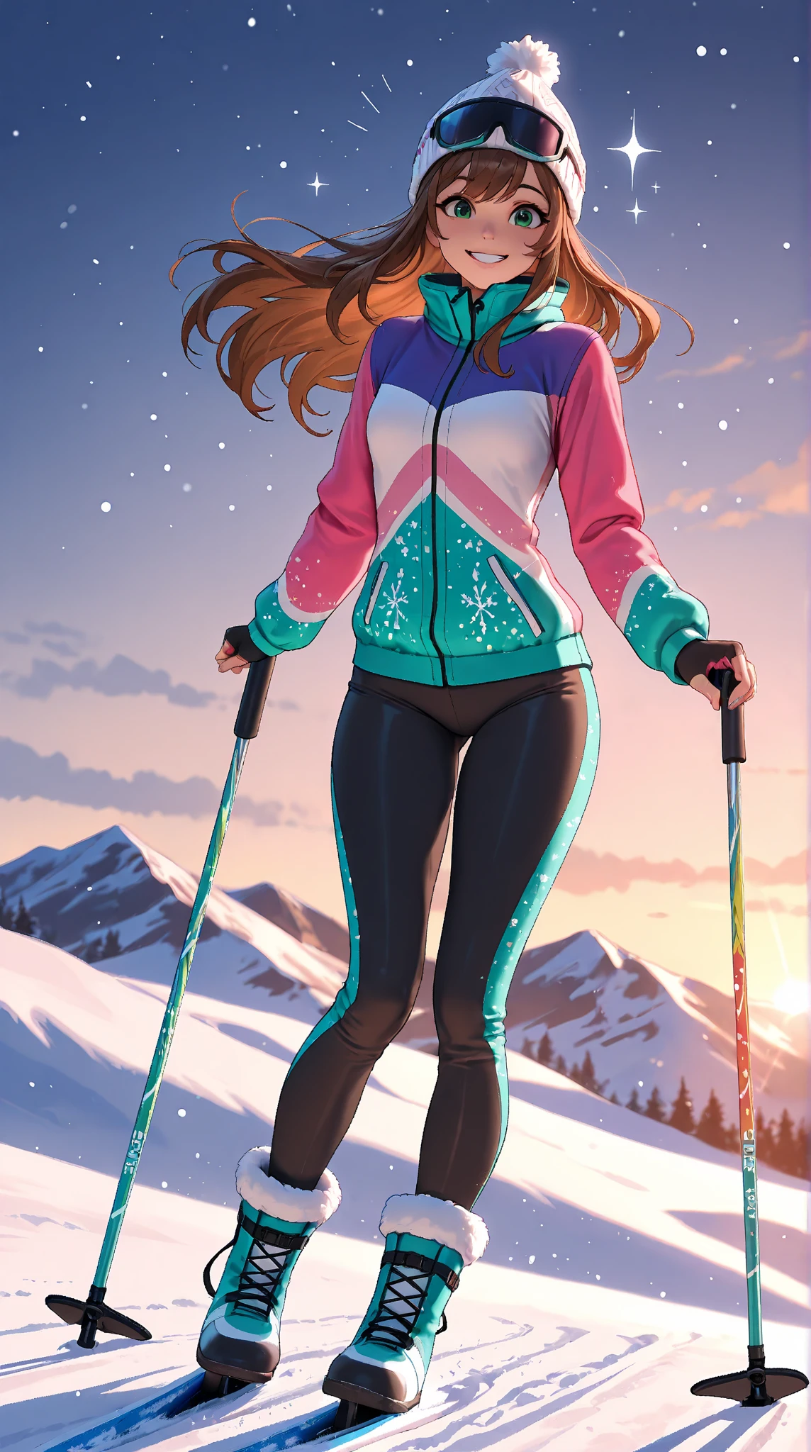 ((((Masterpiece, hiquality, absurdress) 1Woman, black hair, curly hair, Afro-curly hair, Green eyes, a perfect face, the perfect body, big breastes, short stature, very dark skin, 独奏, ((Best Quality)), ((Masterpiece)), (Detailed:1.4), Detailed eyes and face, winter, snowing, snowman, winter down jacket, ski pants, bonnet, Winter gloves, a scarf, skiing, mountains, woods, skiing, pink sheks