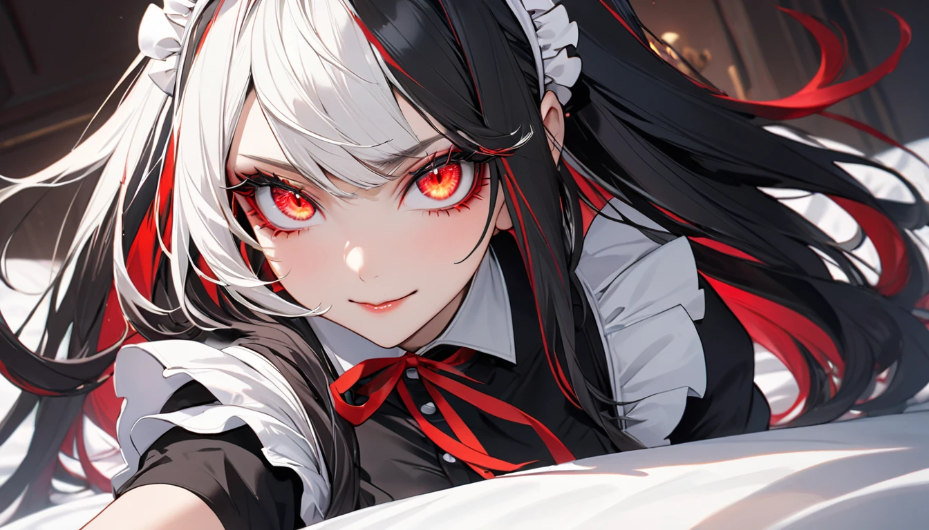 black-skinned,One eye is covered by bangs,Cat ears,Luxurious maid outfit,Devilish charm,Sinister smile,Terrifying atmosphere,Black whites of the eyes,Magic Array,Black and red background