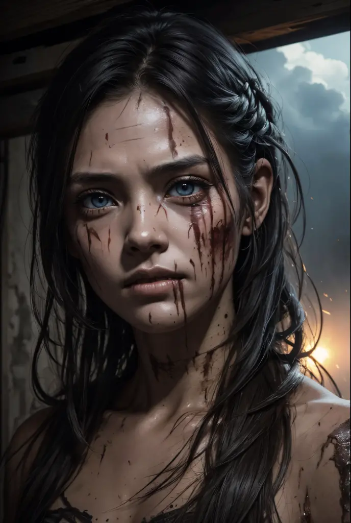 8K、zombies attack、tatteredclothing、rotten skin on the face、A face full of scars,Dirty muddy hair、Highly detailed dry rotten peeling dead skin、Malnourished women、Blind、wide angles、detailed environment、细致背景、A highly detailed、with an intricate、Detailed skin、Natural colors、professional colorgraded、Photorealism、8K、Moody lighting、Art by George Fau、超A high resolution、A hyper-realistic、White, cloudy eyes,falling eyeballs,Part of the face becomes skeletal,Bare your teeth and attack someone,The skin on the face peels off,