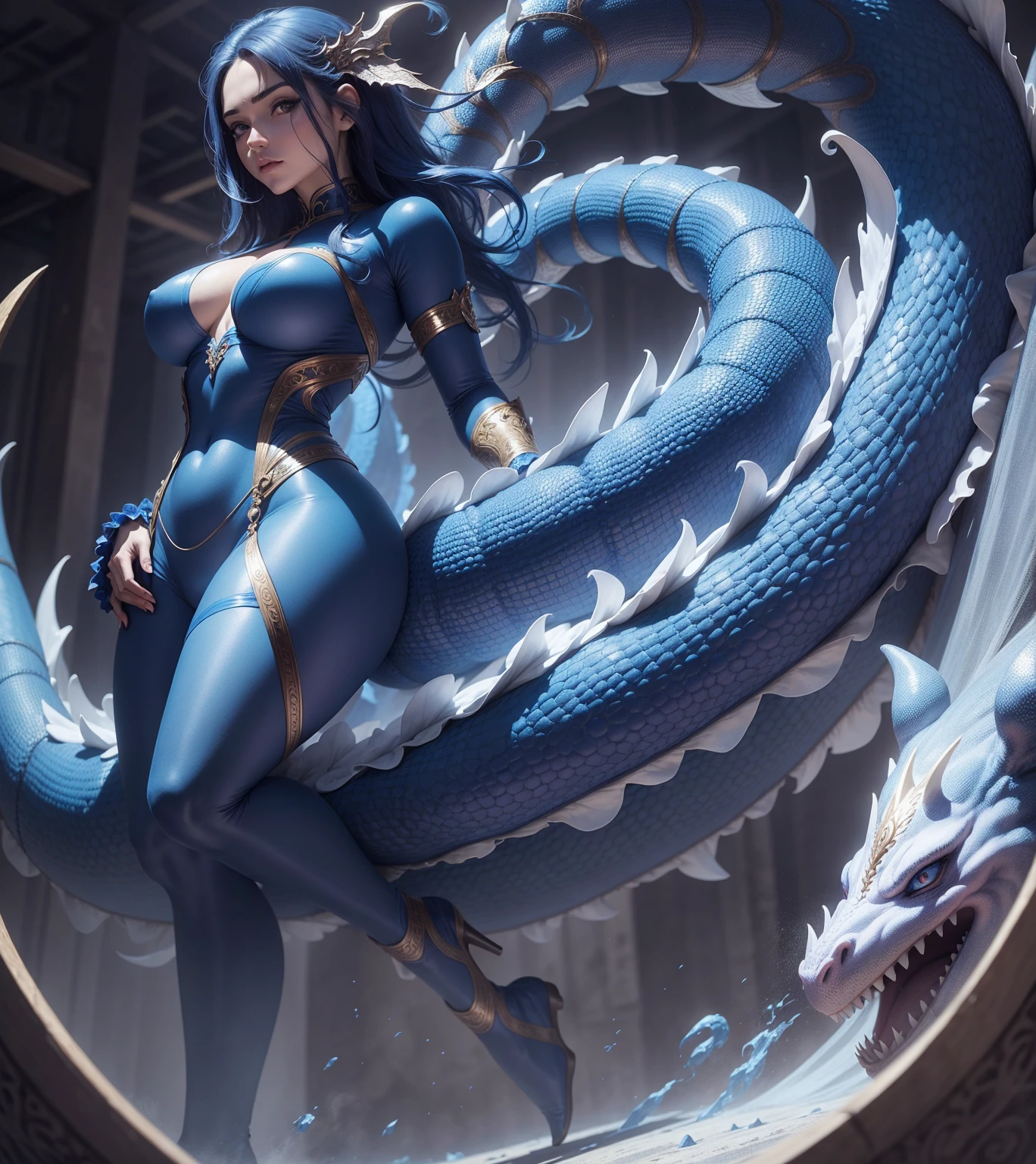 Blue-haired woman with huge breasts and snake tail