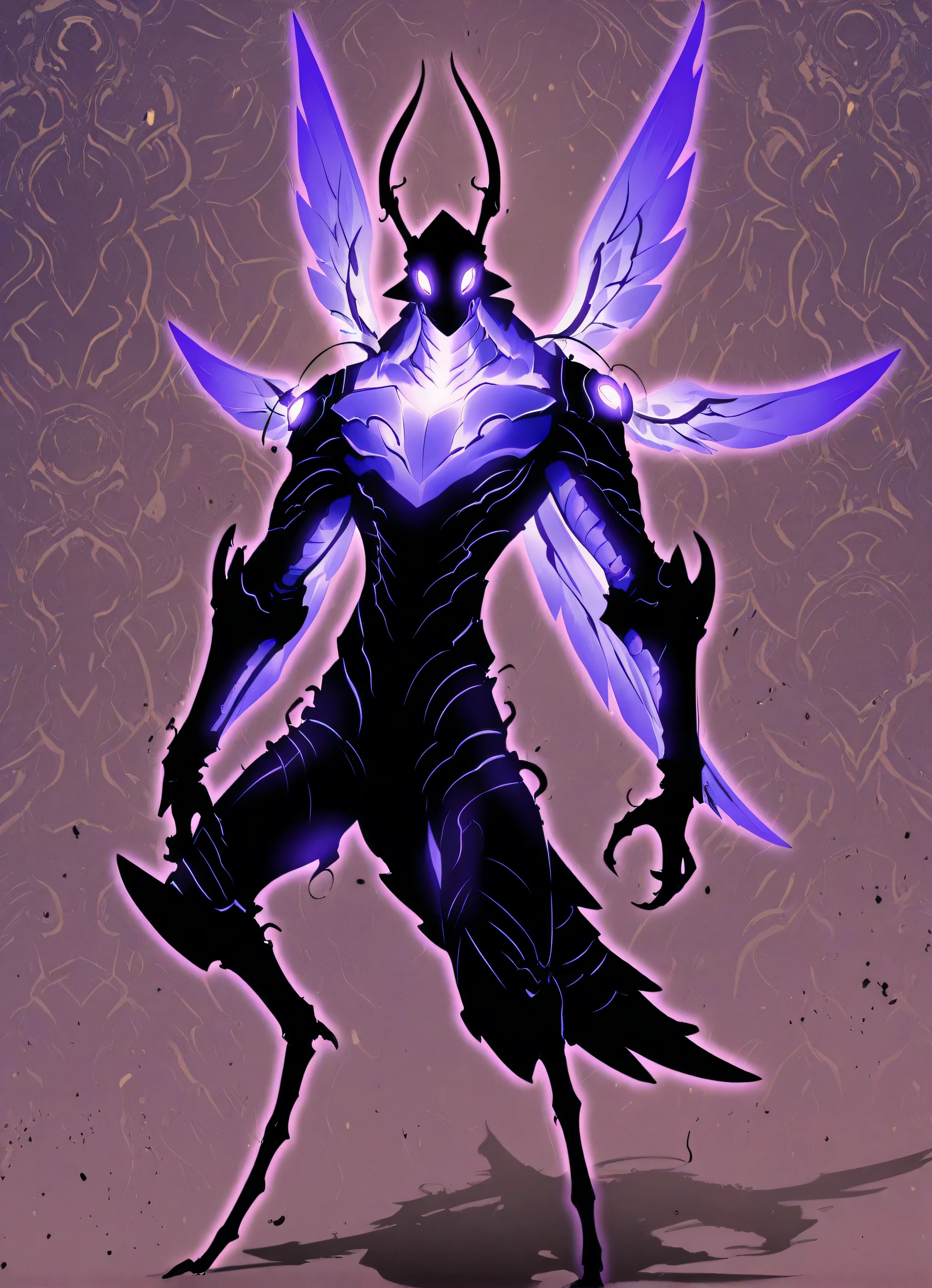 alien, ant, on two legs, winged ant, solo levelin, shadow beru, beru from solo leveling, purple and black glowing shadow, shadow creature from solo leveling
