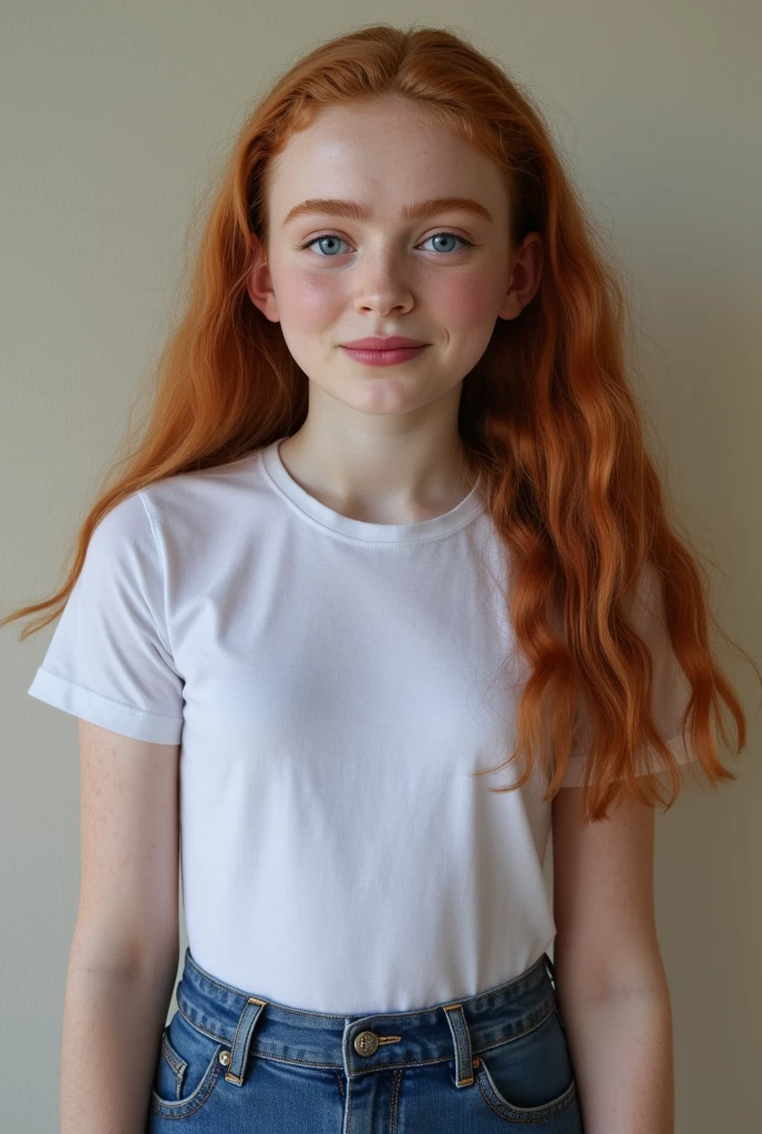 Cute girl ginger girl at school is wearing a tight white t-shirt and a