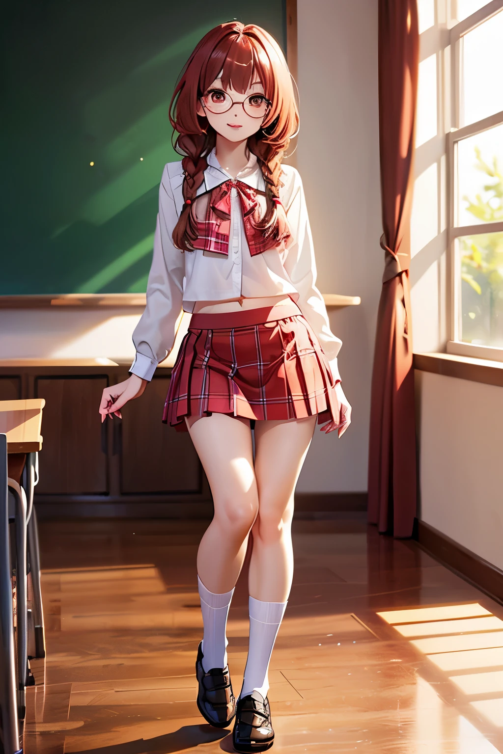 A light blue blouse, a light blue pleated skirt, the atmosphere of working in an IT company, long blonde and light orange hair, smart and a smile. Cute, short standing, red eyes, full red lips, slender chin, feminine demeanor, slender waist, big and visible buttocks, in the background you can see the school desk and chair, the morning sun shining through it the window. sexy and seductive pose, ((marin kitagawa)), ((showing her butt))