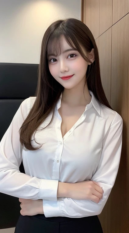Tabletop, Highest quality, shape, Very detailed, In detail, High resolution, 8k wallpaper, Perfect dynamic composition, Beautiful details, White Magic Academy Uniform, Natural Lip, Big Breasts, Exposing the breasts,Asymmetrical Wave Hairstyle, smile, White Background
