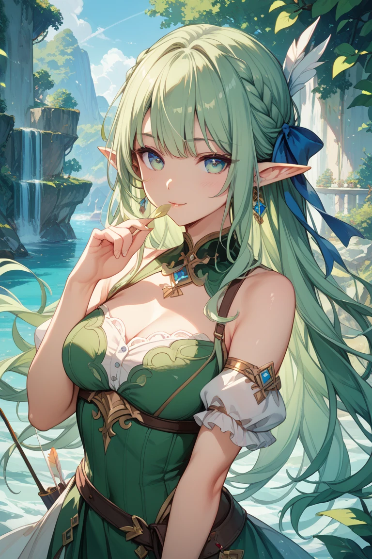 Beautiful elf lolka with long black hair and green eyes medium breasts and a staff UHD, textured skin, super detail, high details, high quality,