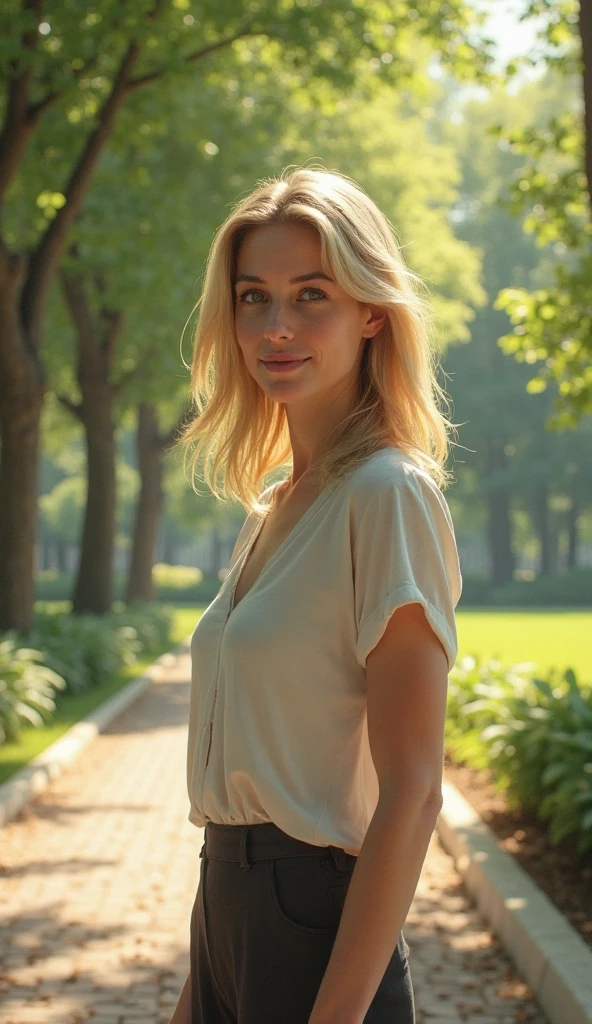 Photo of a sporty 40-year-old woman, golden blond hair, soft perfect face, petrol coloured eyes, hair is about 50cm long, a gentle smile, a plain brown t-shirt with a V-neck, in the park, trees in the background, masterpiece, instaphoto, photorealistic, 8 thousand,