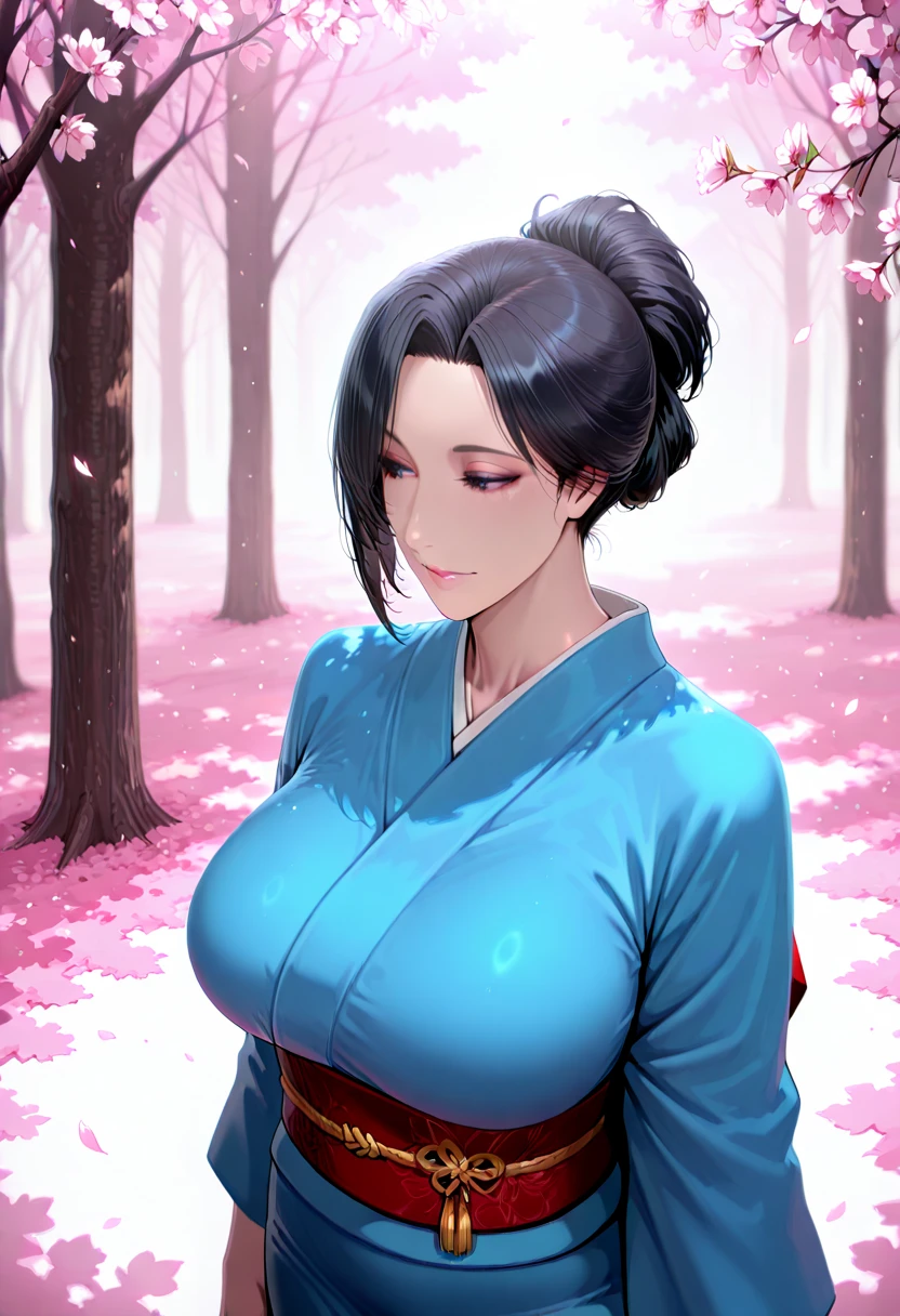 masterpiece, Best quality at best, 1girll, hanabi hyuga, Large breasts, (Off-the-shoulder attire, (cleavage), (upperbody closeup), Raised sexy, smile，with black hair, (Green eyeballs:1.4), Forehead protection, the cherry trees, Cherry blossoms flying, Red clothes sleeveless