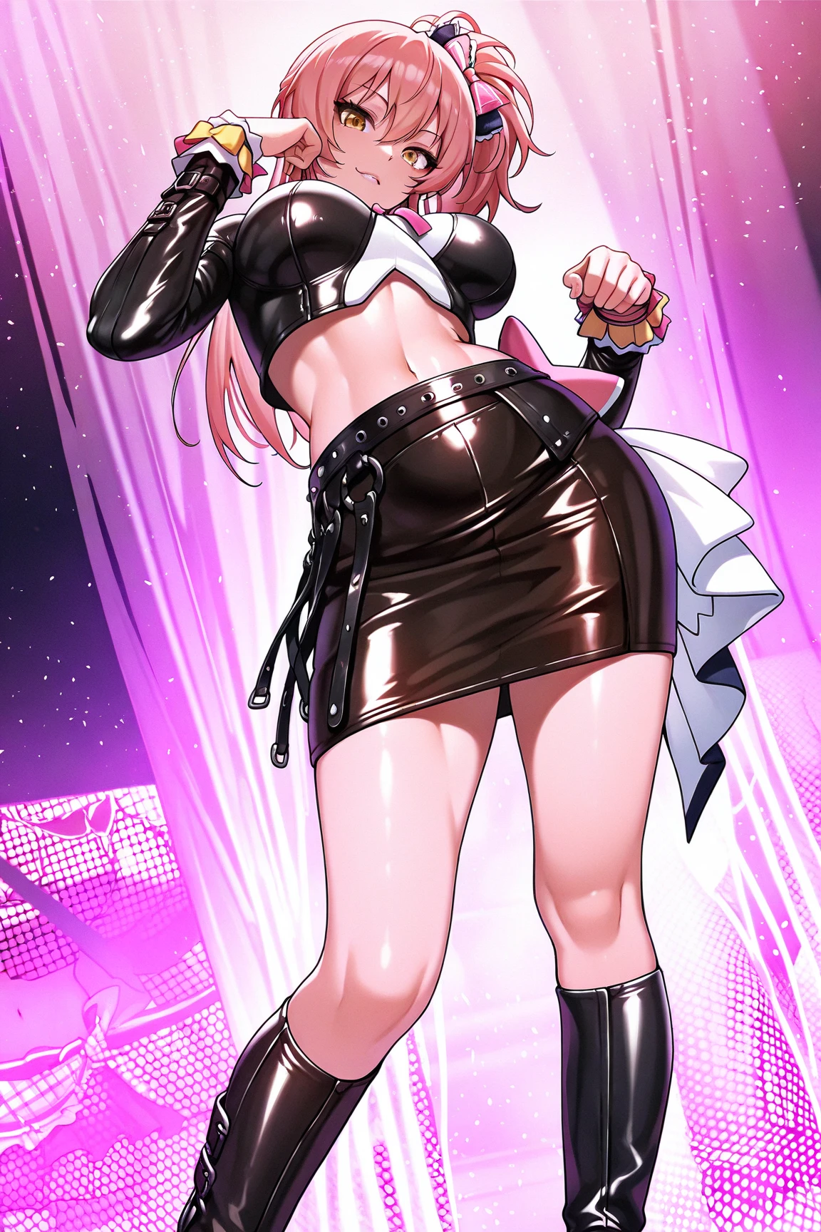 a beautiful sexy anime woman with a full pink kawai very short outfit and a katana