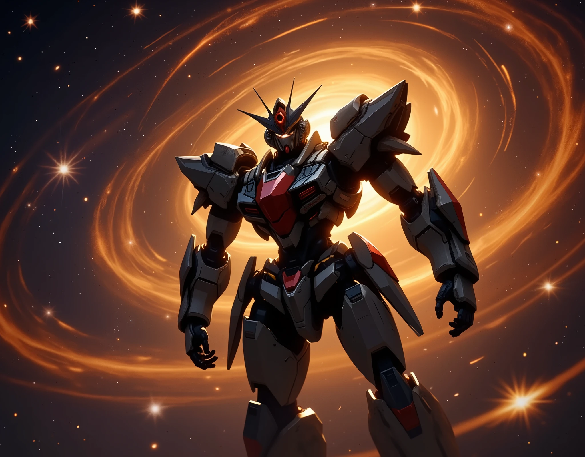 ((Best quality, 8k, Masterpiece: 1.3)), sparkle, glowing light, Spiral galaxy, The closer to the center of the vortex, the denser the stars are and the brighter the glow becomes, A Damaged Gundam robot being sucked into the center of this galaxy, ((Damaged Gundam robot)), Damaged Gundam robot