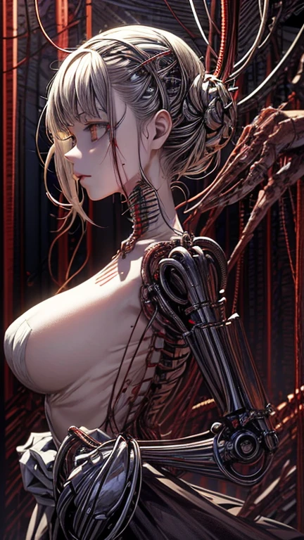 (masterpiece, top quality, best quality, official art, beautiful and aesthetic:1.2), (1girl:1.3), extreme detailed,colorful,highest detailed ((ultra-detailed)), (highly detailed CG illustration), ((an extremely delicate and beautiful)),cinematic light,((1mechanical girl)),solo,full body,((real breasts,real nipples)),(machine made joints:1.2),((mechanical limbs)),(blood vessels connected to tubes),(mechanical vertebra attaching to back),((mechanical cervical attaching to neck)),(fetal position),expressionless,(wires and cables attaching to neck:1.2),(wires and cables on head:1.2)(character focus),science fiction,creepy lab background,(blood:1.5)