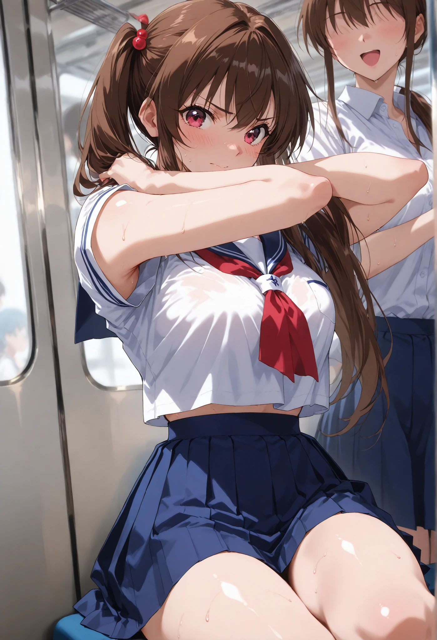 inside a crowded train、thick dark hair、sailor suit、 navy blue skirt that emphasizes buttocks 、men and women、 、resists、I'm a beautiful high school student 、( and my chest is being touched from behind、can lift 1 of clothes、I touch my clothes with my finger)、medium breasts、、masterpiece、Best Quality, ,armlock, perfect body to sit on tatami, , high school girl , , shiny skin, Steamy sweat, depth of field, customer, motion line, speedline that punched , aheface、 top、 I'm Excited 、 is embarrassing 、、