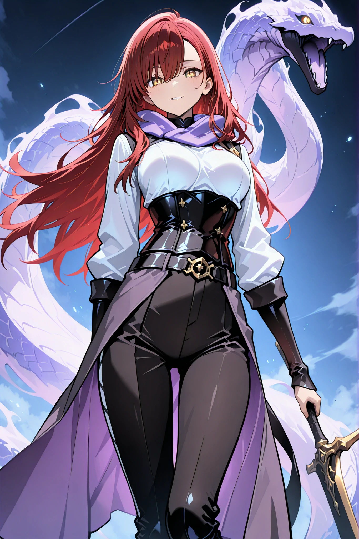1 girl , red hair , long hair , side stripes , golden eyes , medium breasts , sexy, cute, handsome, Cool, beautiful, black pants with pockets on the sides, Weapon belt around the waist , white top with black corset , black boots, cold expression, mysterious atmosphere, in the background a shadowsnake, solo leveling style, black and purple shadow snake BREAK masterpiece), (highest quality), (very detailed), (the best shape), (best shadows), (absurd), (so beautiful), beautiful eyes in every detail, unusual, 8k, 32K, high resolution, very detailed e CG, score_9, score_8_high, score_7_high, Those_anime_series, cinematic,