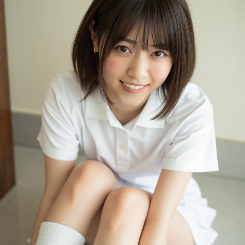 (Realistic、Like a photograph、Live Action、8K, Realistic, RAW Photos, Best image quality: 1.4), Single-lens reflex camera、RAW Photos, Highest quality, Realistic, Very detailedな CG Unity 8K 壁紙, Written boundary depth, Cinematic Light, Lens flare, Ray Tracing, Realistic background、Many people々々:1.4、((Japanese schoolgirl:1.3、Uni shape skirt:1.3)、Big Breasts)、((Ultra-Dense Skin))、 1 female,Cute high school girl squatting、Squat down and see panties、(Detailed white lace panties:1.5)、((Girls sitting in a school classroom、Skirt flipped up、(whole body:1.5)、Smiling at school in Japan))、Pink inner color hair、short hair:1.2、tie your hair with a hair clip、I like that style、stylish、Very detailed、Pay attention to the details、Perfect outfit、(Sunburned skin)、Beautiful legs:1.1、View from below the front