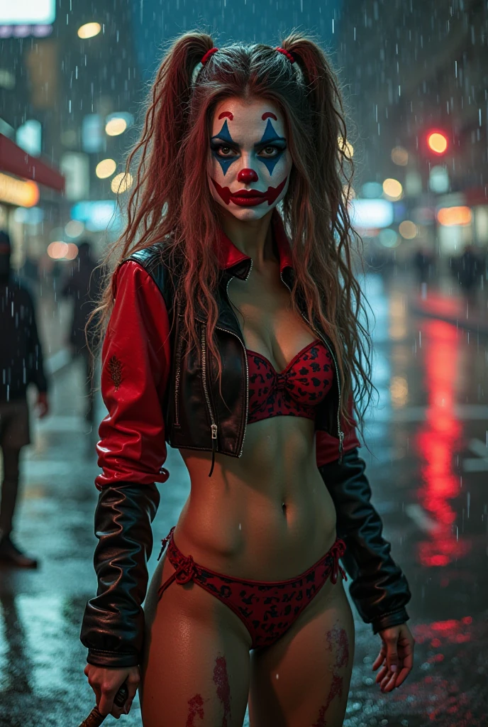 Pennywise woman with long wavy black hair with orange streaks wearing underwear with pennywise makeup 