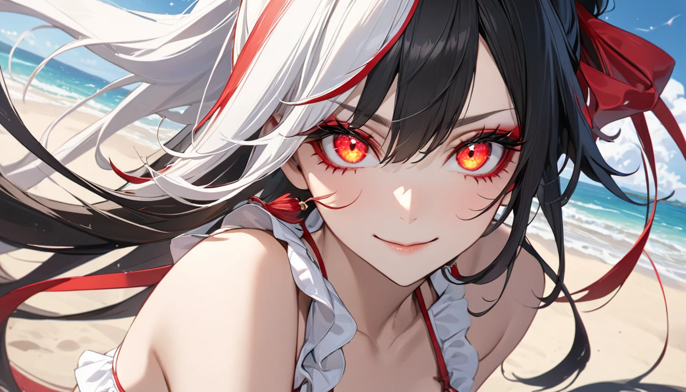 1girl, aegir \(azur lane\), azur lane \\\\\ masterpiece, best quality, very aesthetic, absurdres, newest \\\\\\ sportive body, \\\\\\ ,by khyle ///// white hair with a single prominent red streak, black horns, yellow eyes, ,nude,naked, ,big tits, onsen, outdoors, sunset, sun, steam, lying on stomach