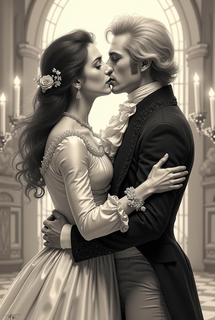A 2d illustration of a medieval couple. The woman has black hair, longos e ondulados, his skin is white, slightly tanned and his eyes are brown. She wears a black mask under her eyes and a low-cut red Victorian dress.. the man has brown hair, dark eyes and white skin, he is taller than the woman and strong, wears a gray Victorian suit, has a well-marked chin. They are giving a passionate kiss.