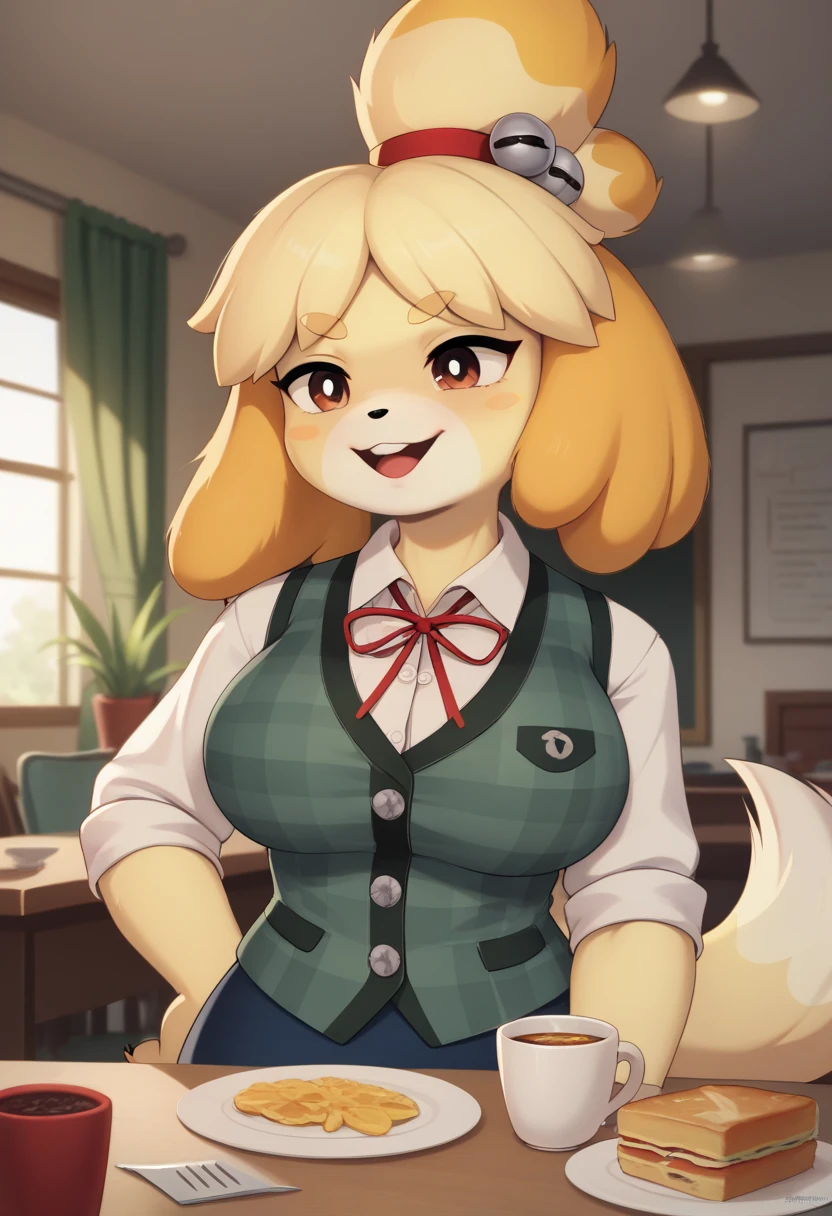 Masterpiece, best quality, happy, isacrossing, furry, furry female, topknot, green cardigan, white shirt, blue skirt, red ribbon, checkered pattern, sexy body, gorgeous body, beautiful, beautiful legs, yellow fur, blush