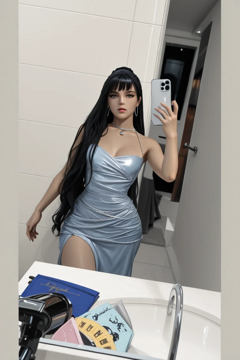 a woman, straight black hair, body interiro in the picture, posing for photo, social shirt, social cause, pearl necklace, gala dress (realistic skin tones) (realistic lighting) blue locks in hair