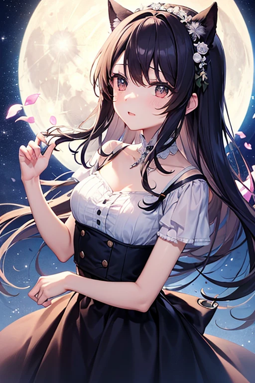 Masterpiece, Best Quality, 1girl, Solo, Night Sky, Outdoor, Moon, Stars, Clouds, Wind, Medium Hair, Cleavage, Tree, Night,